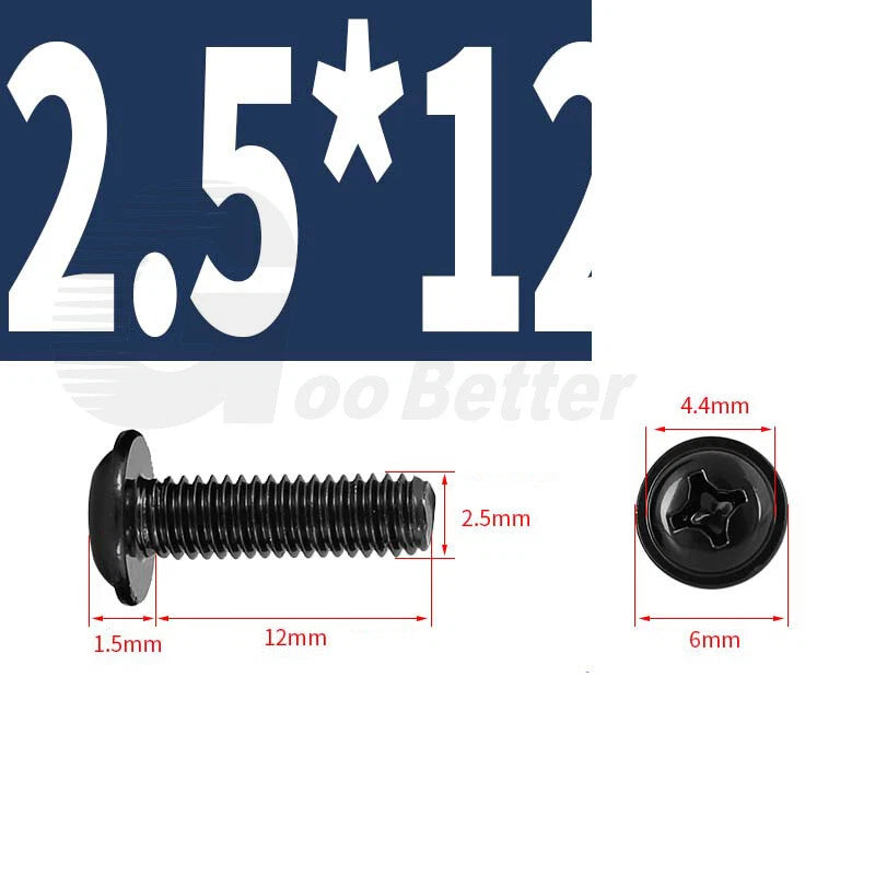 Black Zinc Flange Phillips Pan Head Machine Screws M1.4 M2 M2.5 M3 M4 M5 M6 — Washer-Free Metric Bolts