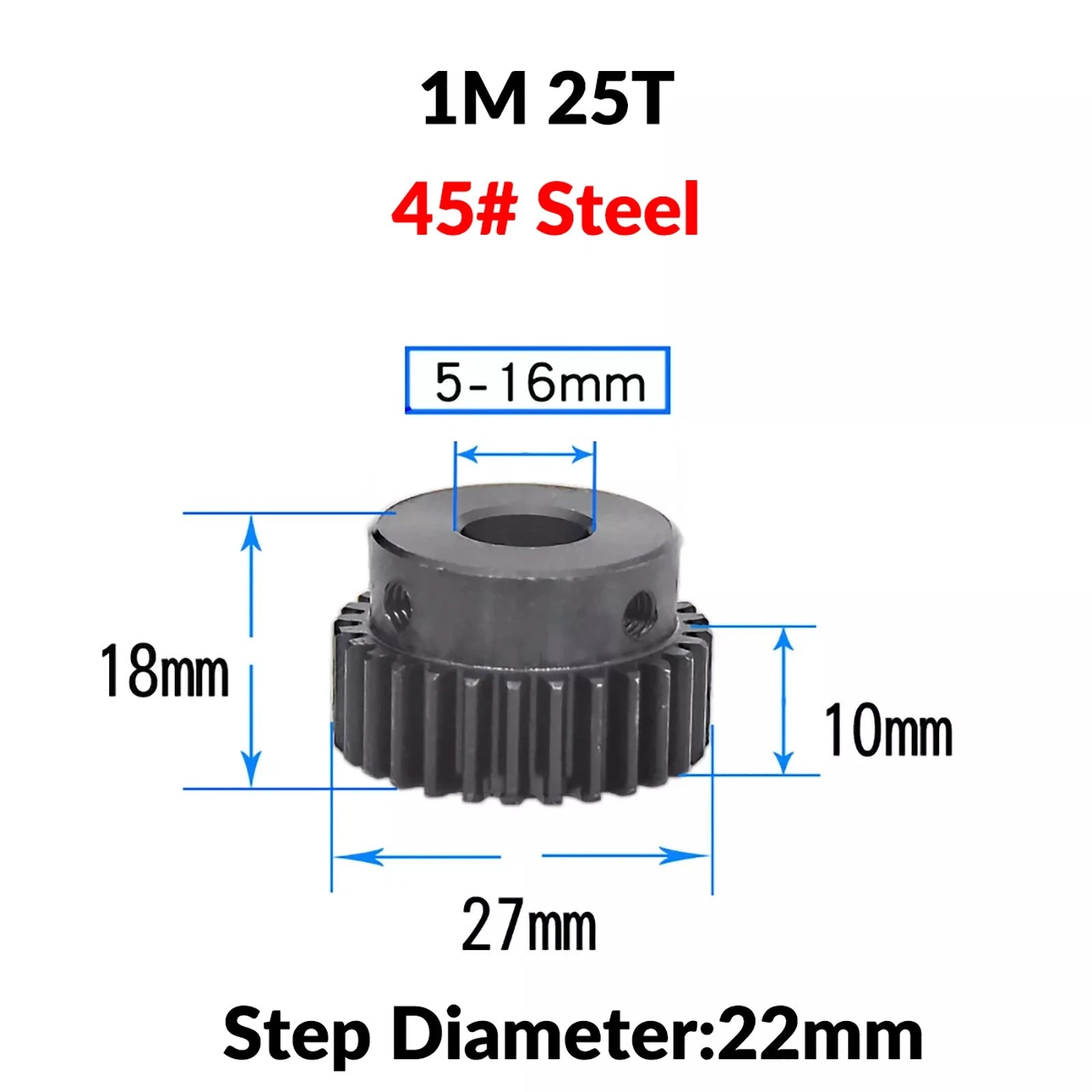 Mod 1 45# Steel Pinion Gear Spur Gears 10-60 T 14-50mm Bore With Step Motor Gear