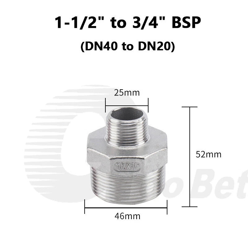 304 Stainless Steel Reducing Hex Nipple BSP Male Thread Pipe Fitting | 1/8" to 2"