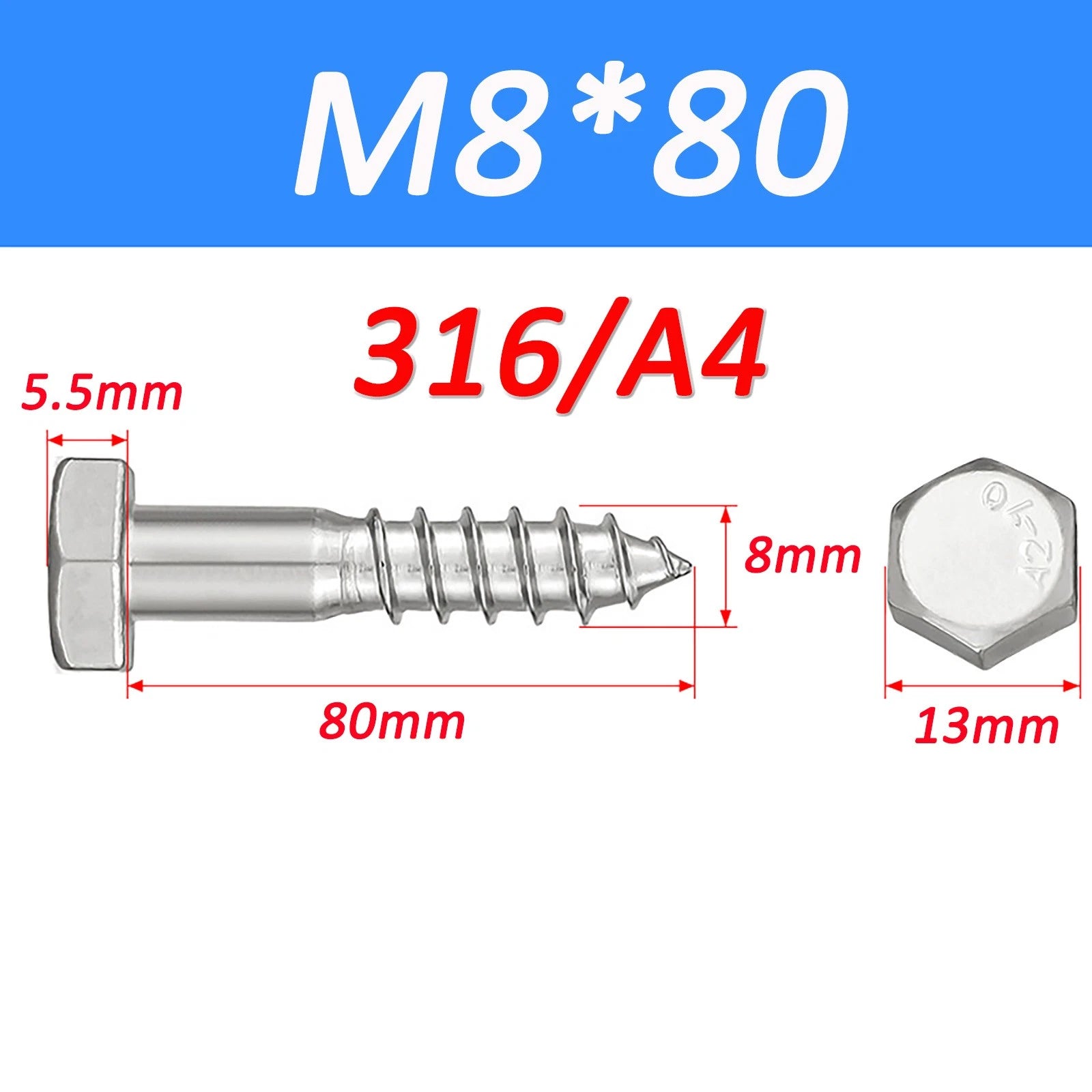316 Stainless Steel Hex Head Lag Screws Marine Grade Wood Lag Bolts A4 Rustproof
