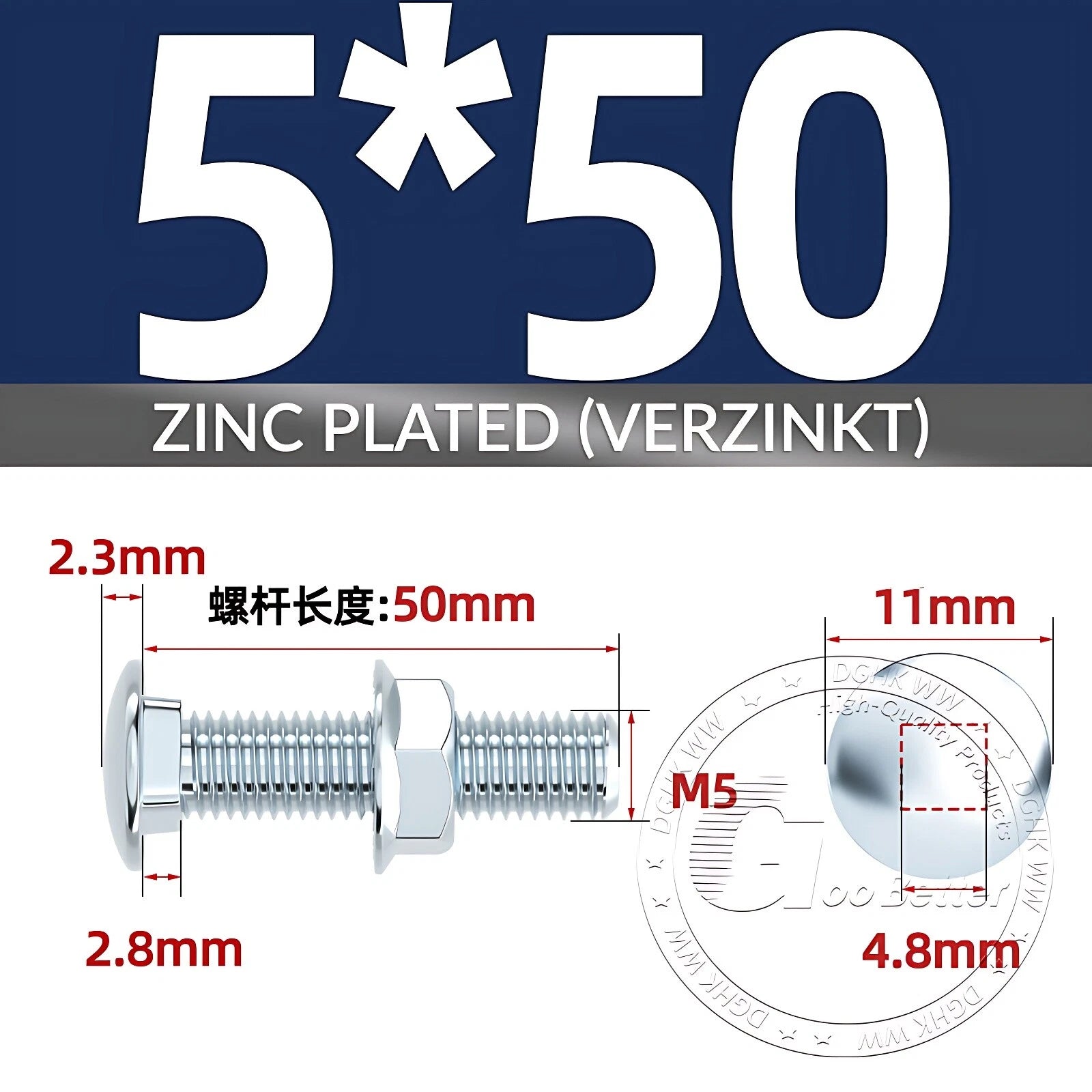 Cup Square Carriage Bolts with Hex Nut — Zinc Plated, M4 to M12