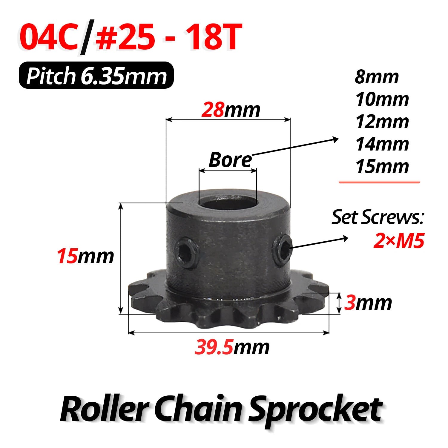 #25 Roller Chain Sprocket 04C 9T-40T Tooth Bore 5mm-20mm Pitch 6.35mm (1/4 inch)