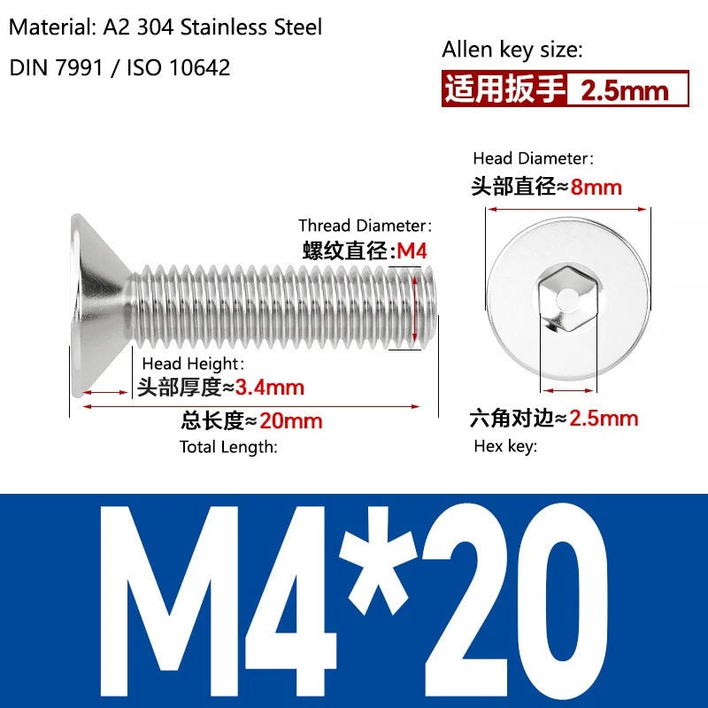 A2 Stainless Steel Socket Countersunk Screws – ISO 10642, M3 M4 M5