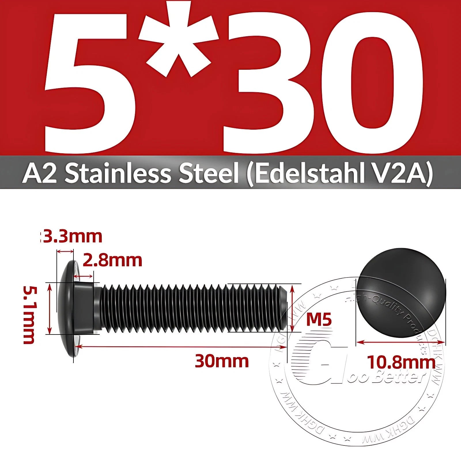 Black Stainless Steel Carriage Bolts M3–M12 | A2 Cup Square Dome Screws