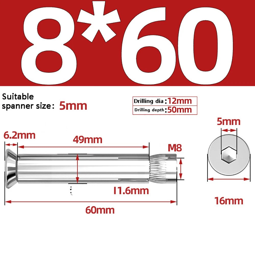 M6–M12 Countersunk Hex Socket Expansion Bolts — 304 & 201 Stainless Steel, A-Type & B-Type