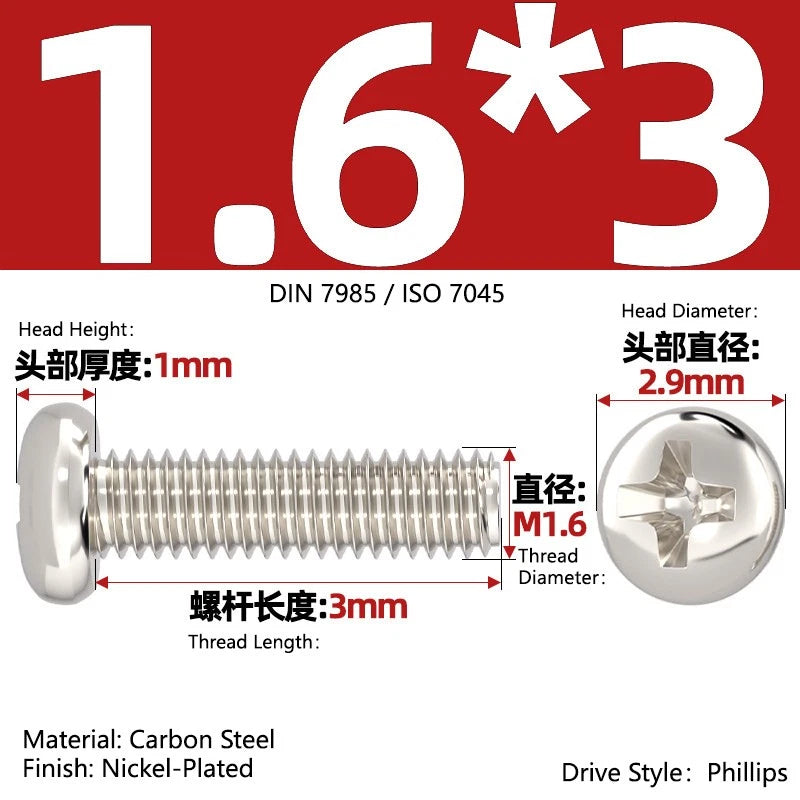 Nickel Plated Pan Head Phillips Machine Screws – ISO 7045, M1 to M4, Corrosion Resistant