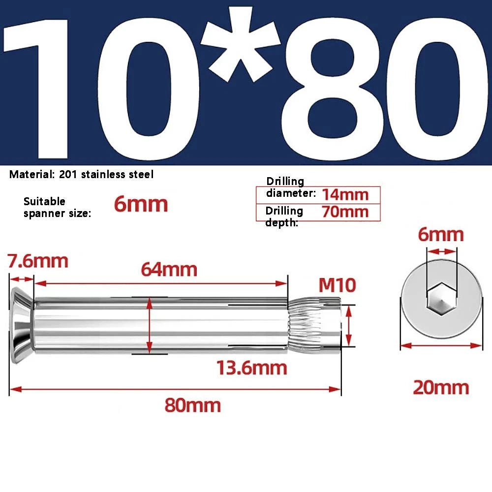 M6–M12 Countersunk Expansion Bolts | 201 Stainless Steel Hex Socket Sleeve Anchors