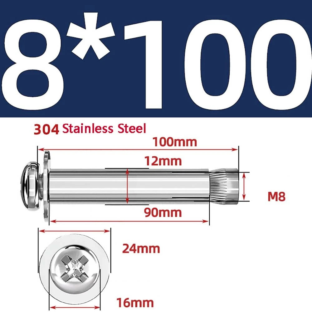 M6 M8 M10 Stainless Steel Expansion Screws — Round Head Phillips Drive, 40–100mm