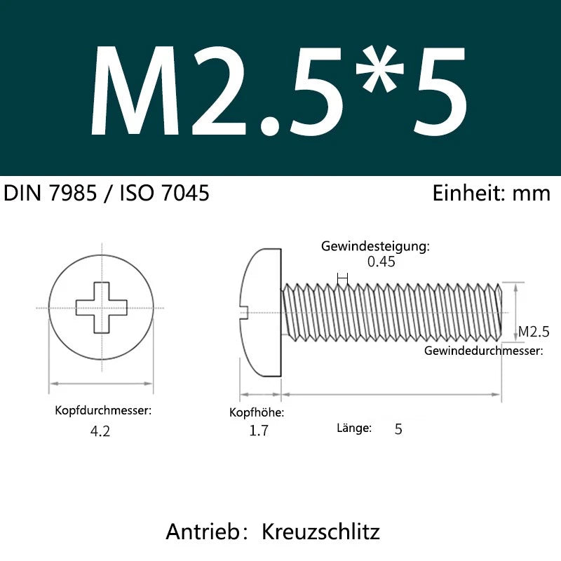 6063 Aluminium Phillips Pan Head Machine Screws DIN 7985 — M1.7 to M6 Metric