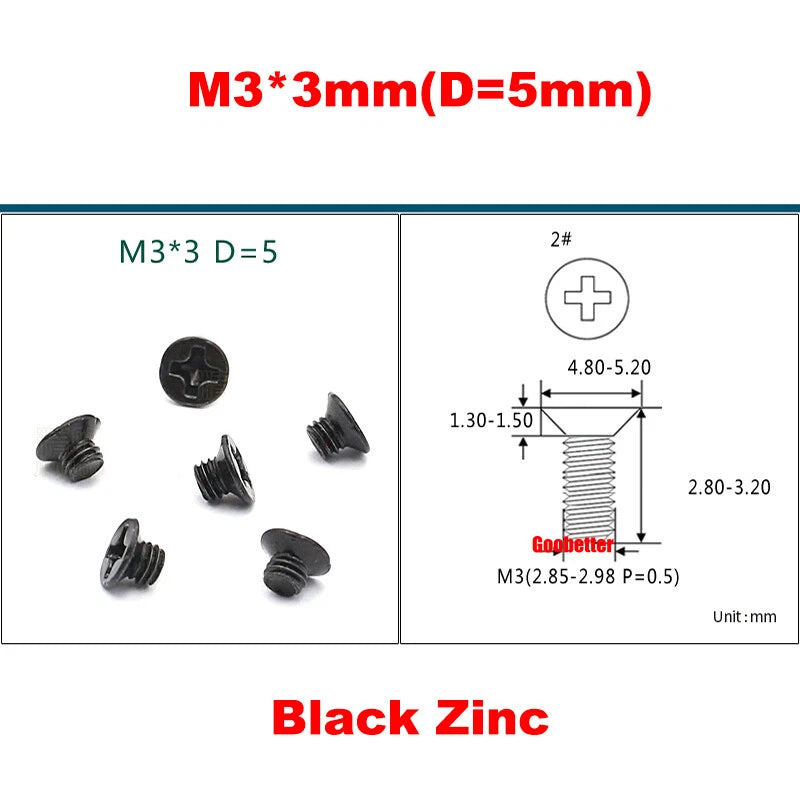 KM3 Phillips Countersunk Machine Screws – M3 x 3–18mm, Carbon or 304 Stainless, Multiple Finishes (Cross Flat Head)
