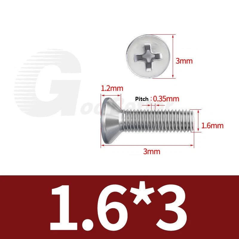 M1–M3.5 Phillips Countersunk Machine Screws – 304 Stainless Steel, Fully Threaded (3–120mm Overall Length) - HomeDIYer
