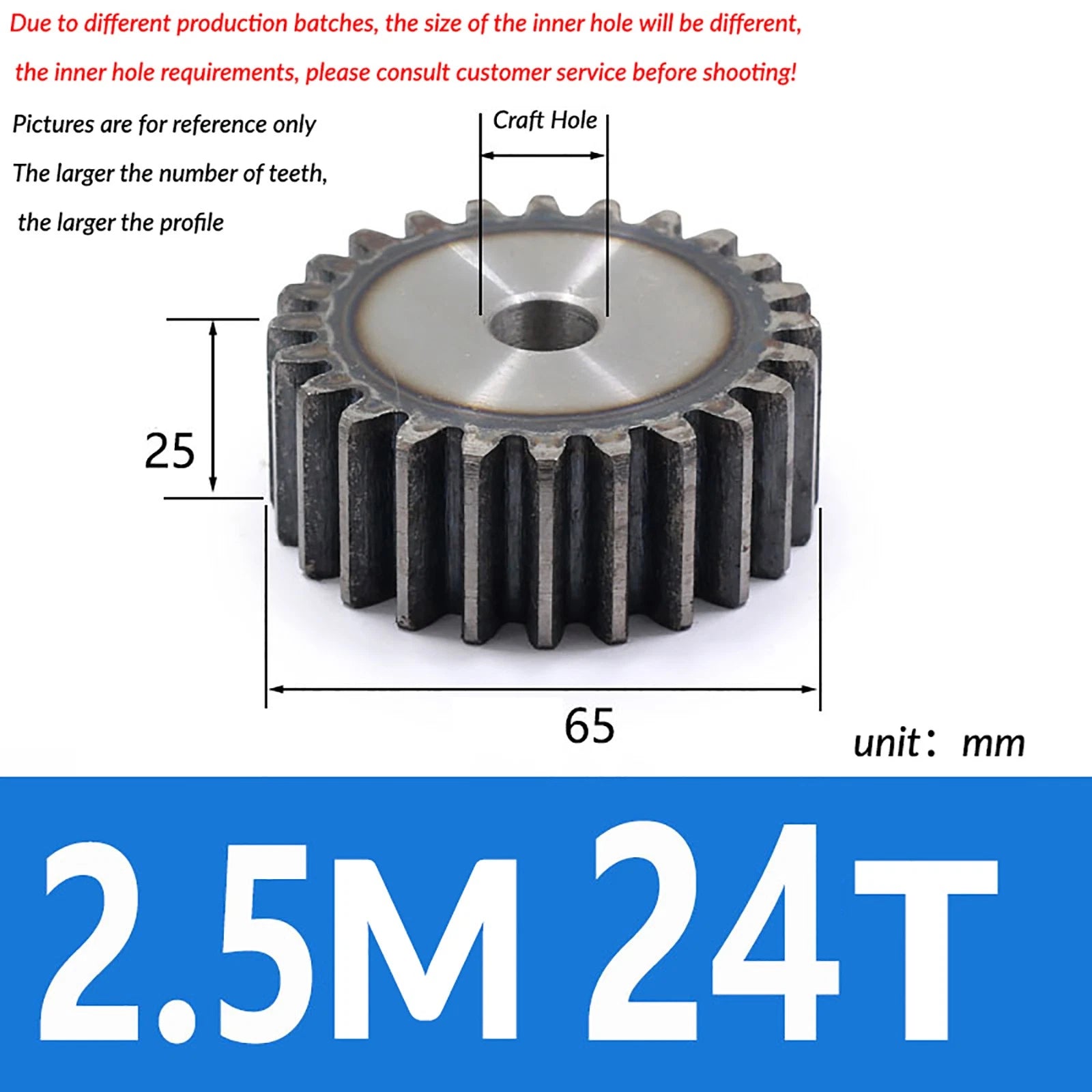 2.5 Mod 10T - 79T Spur Gear 45# Steel Pinion Gear Thickn 25MM Transmission Gear