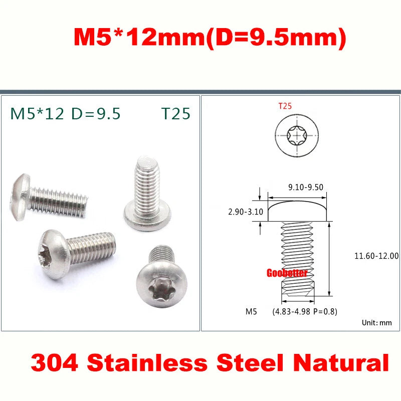 PM1.2–M5 Torx Pan Head Machine Screws – Carbon / 304 Stainless Steel, Micro Plum Round Head Bolts