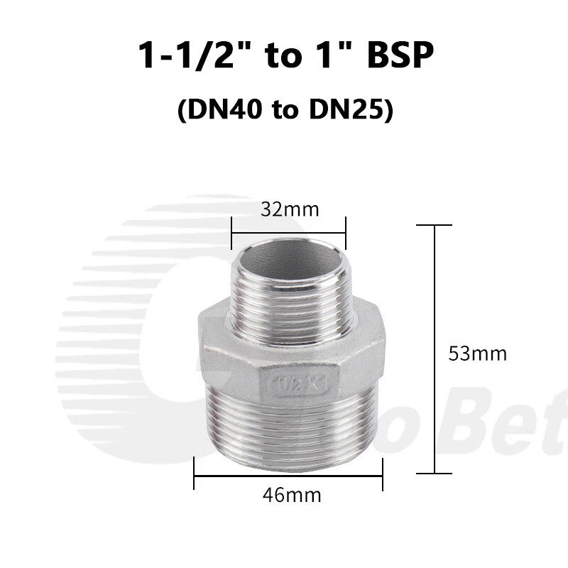 304 Stainless Steel Reducing Hex Nipple BSP Male Thread Pipe Fitting | 1/8" to 2"