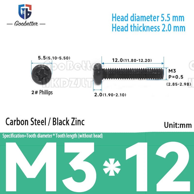 M3 Phillips Round Pan Head Machine Screws — Carbon Steel, 4–30mm, 100–500 PCS - HomeDIYer