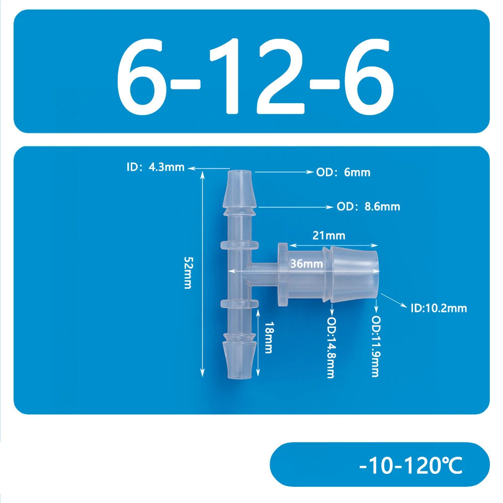 Plastic T-Type Barb Reducing Hose Fitting | 3-Way Tube Connector 1.6mm–14mm