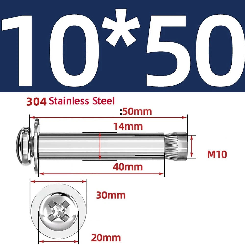 M6 M8 M10 Stainless Steel Expansion Screws — Round Head Phillips Drive, 40–100mm