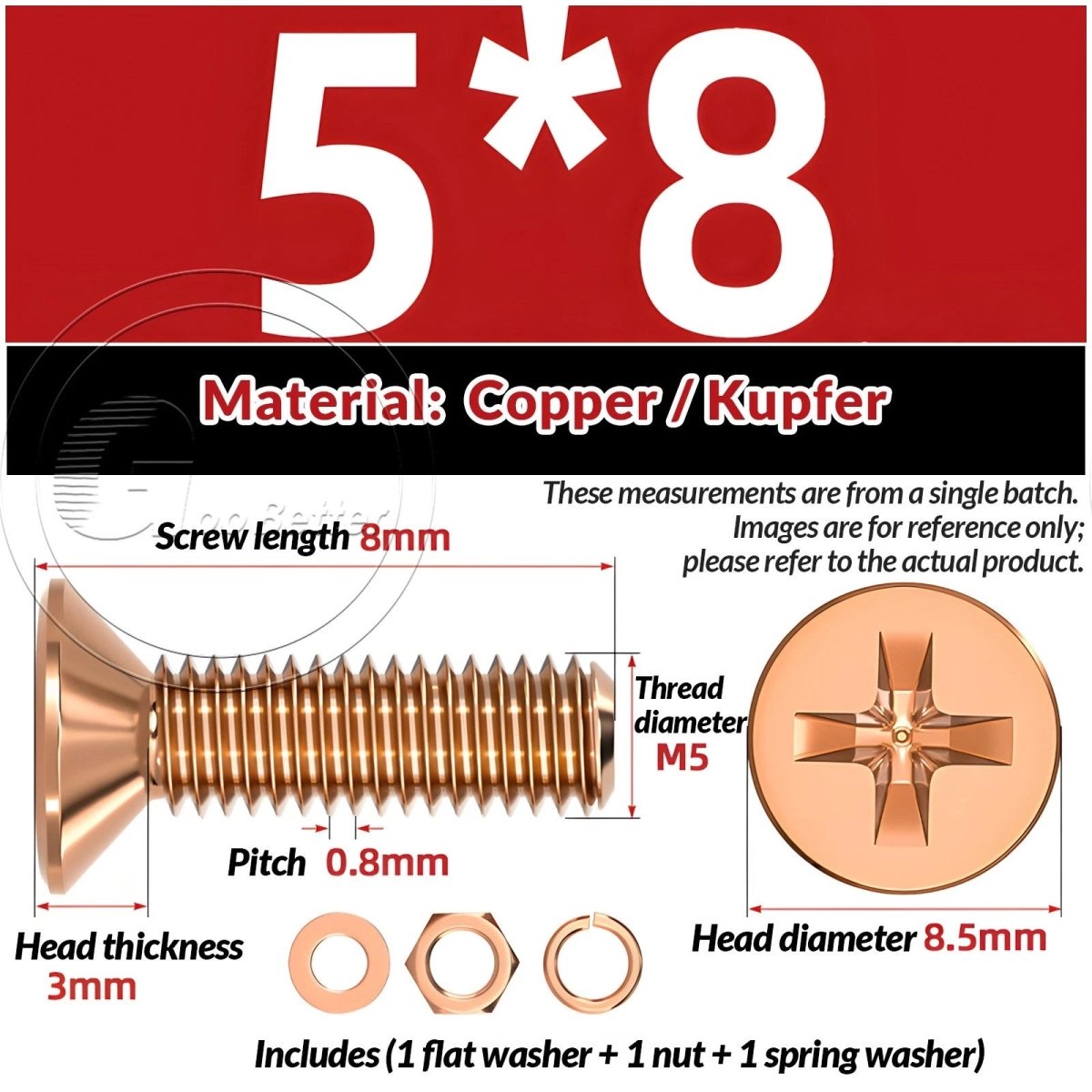 T2 Copper Pozi Countersunk Machine Screws with Flat Washer & Nut | M3–M10 - HomeDIYer