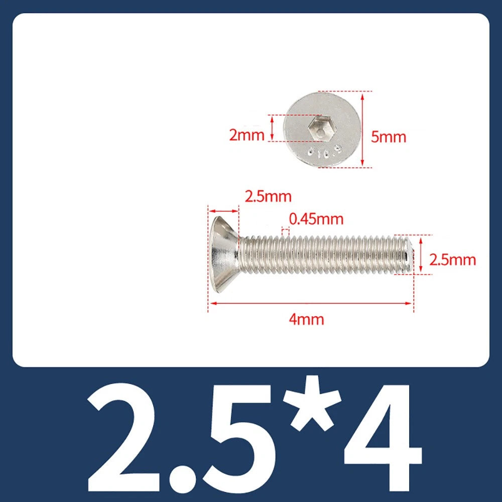 Grade 10.9 Alloy Steel Countersunk Socket Head Screws — M1.6 to M4, 10–500 Pcs