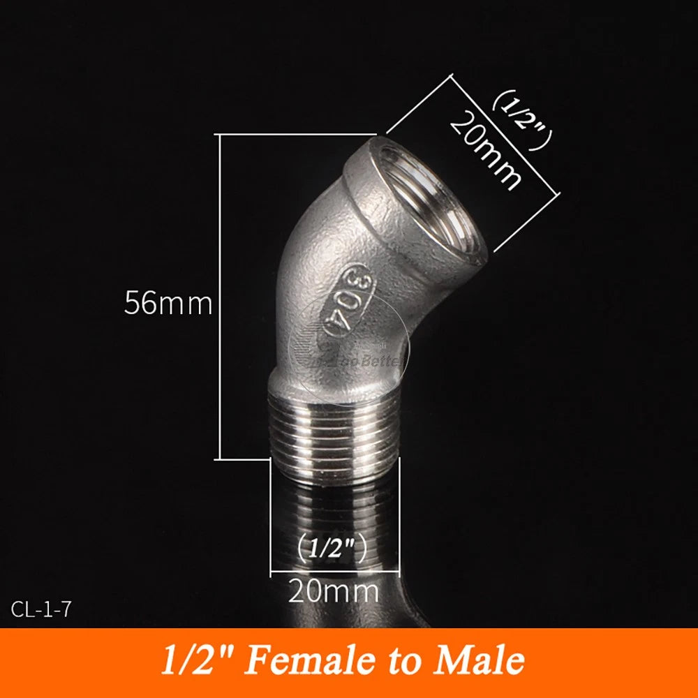 45° BSPT Threaded Elbow Pipe Fittings — A2 Stainless Steel, 1/8" to 4", Female & Female-to-Male