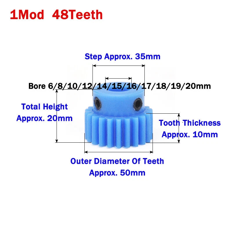 1 Mod Blue Nylon Spur Gear 16-50T Bore 4-20mm Pinion Gear Motor Gear With Step