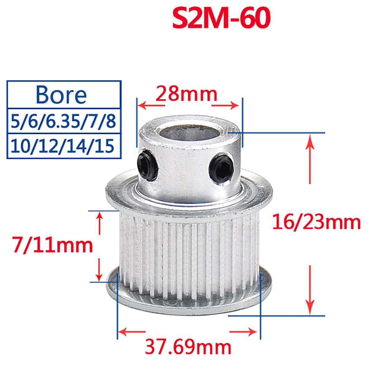 S2M Timing Belt Pulley With Step 16T-60T Bore 4-15mm For 6/10mm Wide Timing Belt
