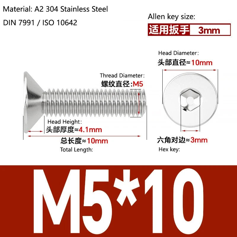 A2 Stainless Steel Socket Countersunk Screws – ISO 10642, M3 M4 M5