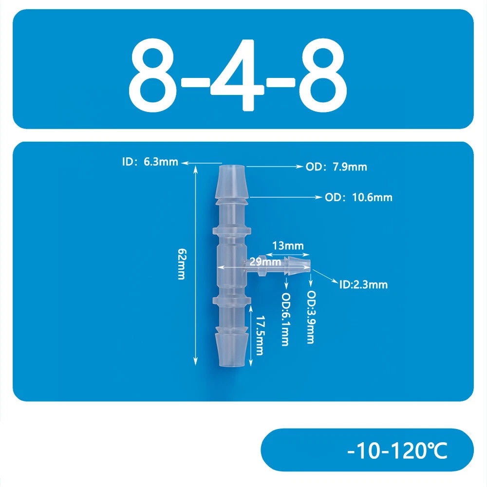 Plastic T-Type Barb Reducing Hose Fitting | 3-Way Tube Connector 1.6mm–14mm