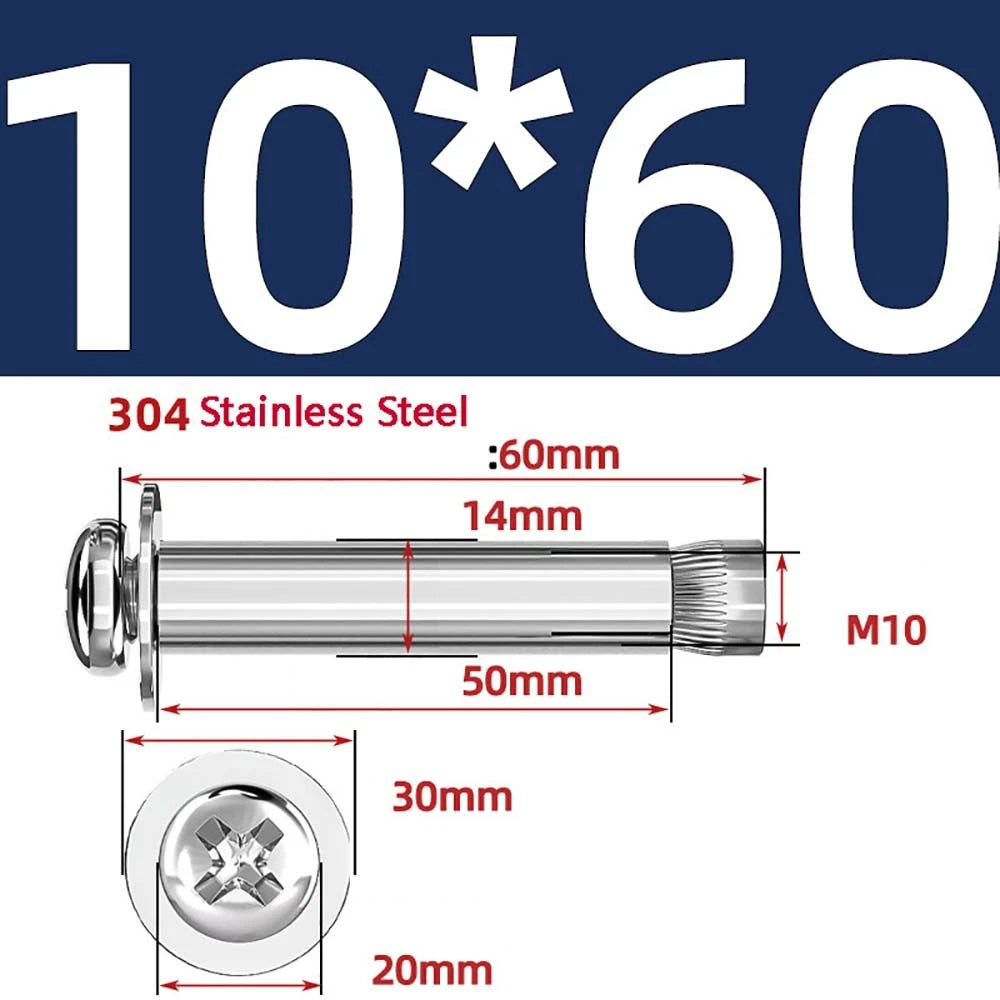 M6 M8 M10 Stainless Steel Expansion Screws — Round Head Phillips Drive, 40–100mm