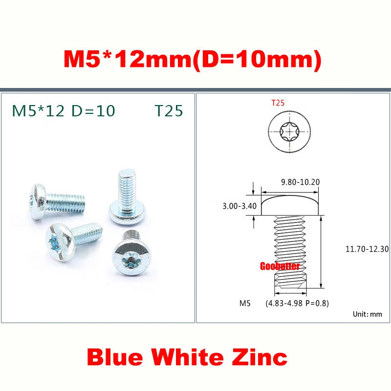 PM1.2–M5 Torx Pan Head Machine Screws – Carbon / 304 Stainless Steel, Micro Plum Round Head Bolts