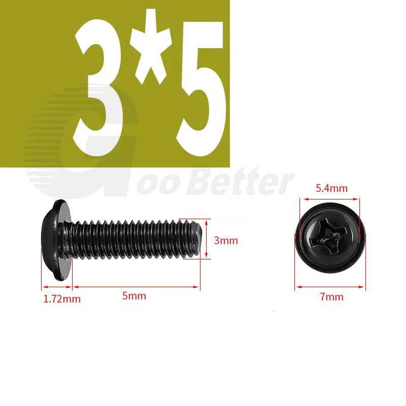 Black Zinc Flange Phillips Pan Head Machine Screws M1.4 M2 M2.5 M3 M4 M5 M6 — Washer-Free Metric Bolts