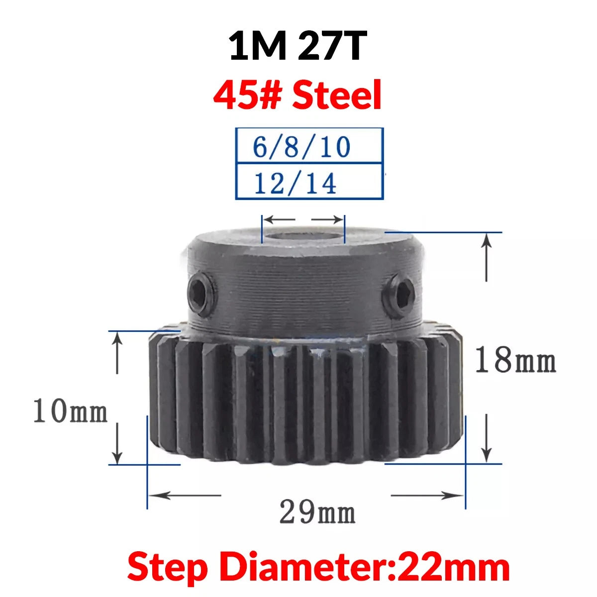 Mod 1 45# Steel Pinion Gear Spur Gears 10-60 T 14-50mm Bore With Step Motor Gear