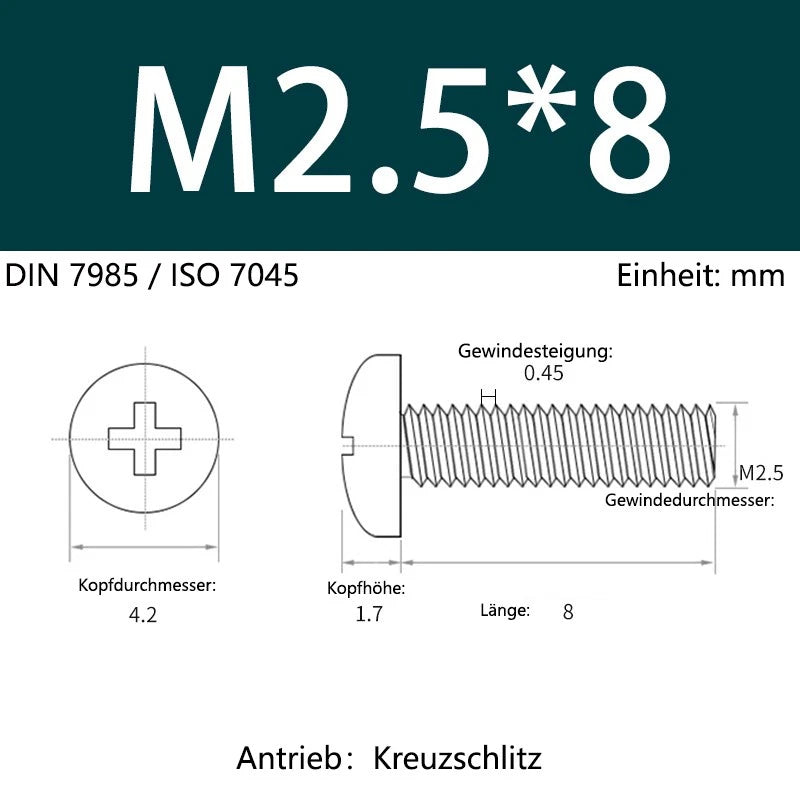 6063 Aluminium Phillips Pan Head Machine Screws DIN 7985 — M1.7 to M6 Metric