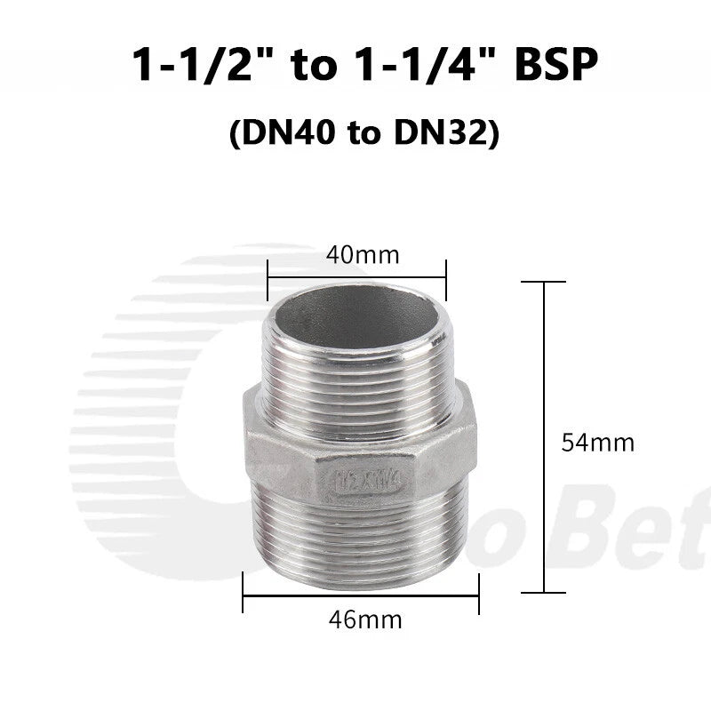 304 Stainless Steel Reducing Hex Nipple BSP Male Thread Pipe Fitting | 1/8" to 2"