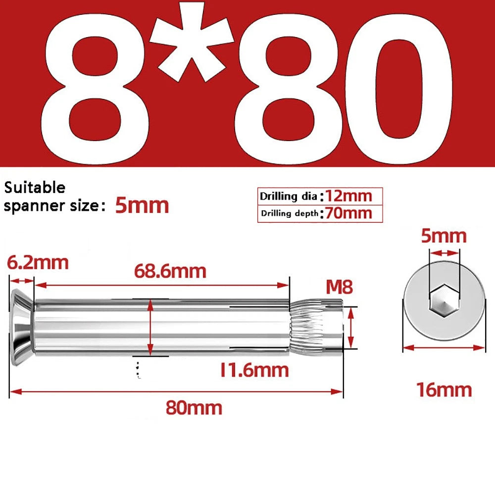 M6–M12 Countersunk Hex Socket Expansion Bolts — 304 & 201 Stainless Steel, A-Type & B-Type