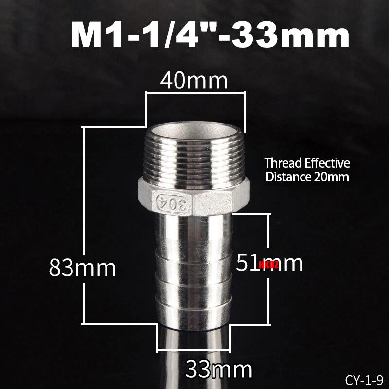 BSP Male Thread Barb Hose Tail Connector 304 Stainless Steel — 1" to 3"