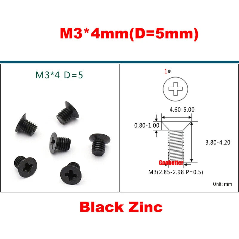 KM3 Phillips Countersunk Machine Screws – M3 x 3–18mm, Carbon or 304 Stainless, Multiple Finishes (Cross Flat Head)