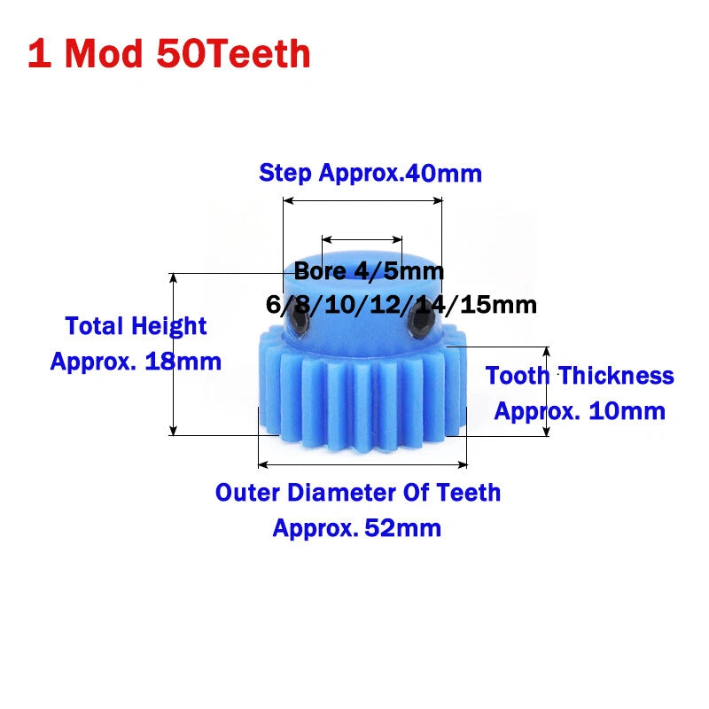 1 Mod Blue Nylon Spur Gear 16-50T Bore 4-20mm Pinion Gear Motor Gear With Step