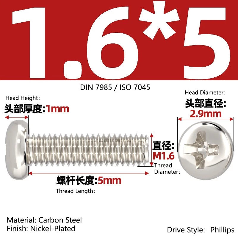 Nickel Plated Pan Head Phillips Machine Screws – ISO 7045, M1 to M4, Corrosion Resistant