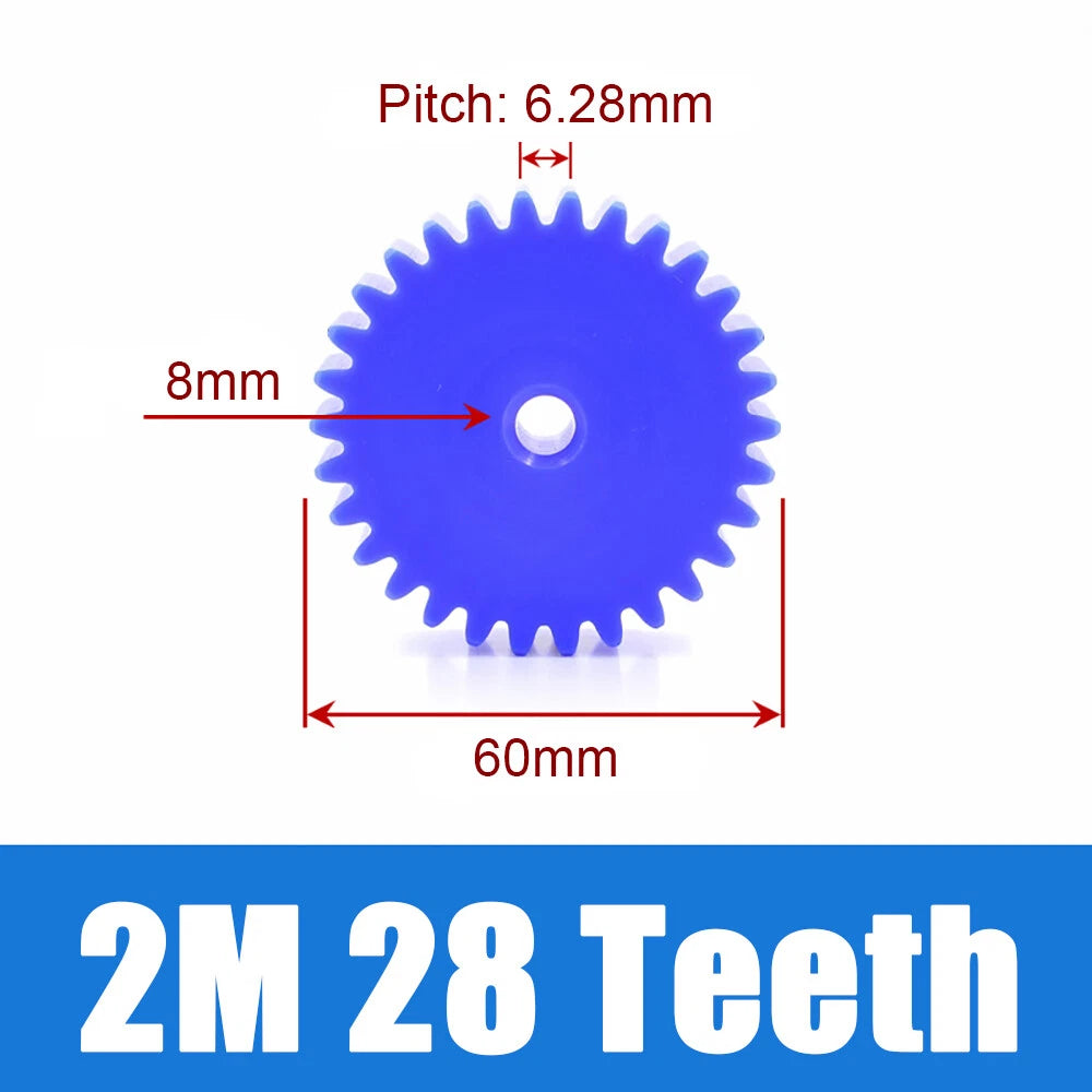 2 Modulus Blue Nylon Spur Gear, Cylinder Flat Gears 12~100 Teeth, 6/8/10mm Bore