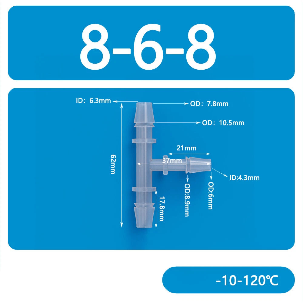 Plastic T-Type Barb Reducing Hose Fitting | 3-Way Tube Connector 1.6mm–14mm