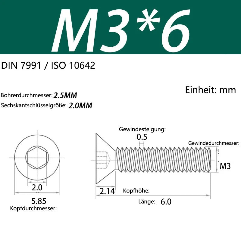 6063 Aluminium Allen Socket Countersunk Screws DIN 7991 — M2 to M8