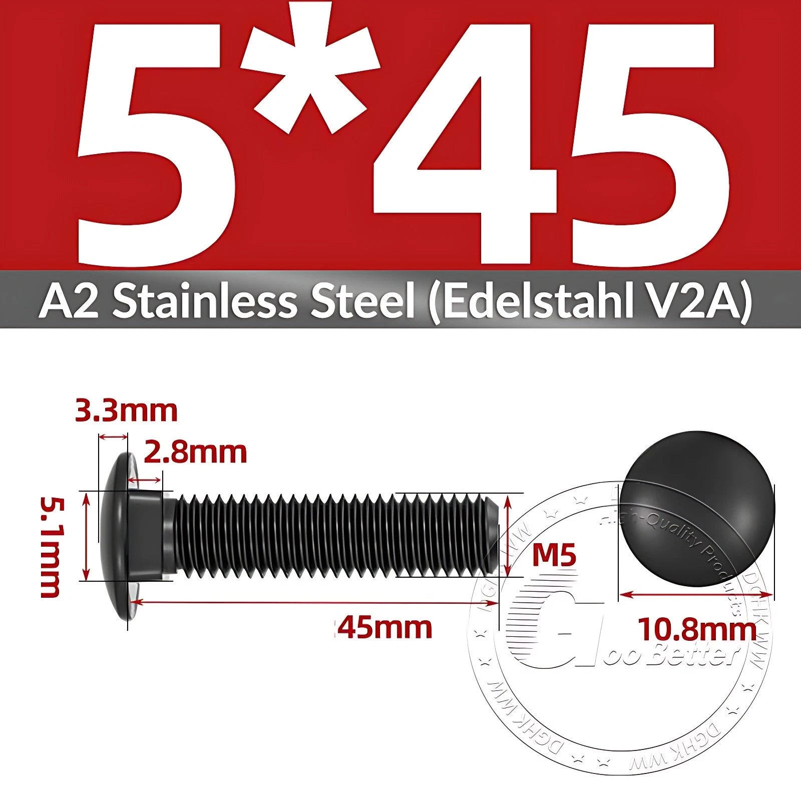 Black Stainless Steel Carriage Bolts M3–M12 | A2 Cup Square Dome Screws