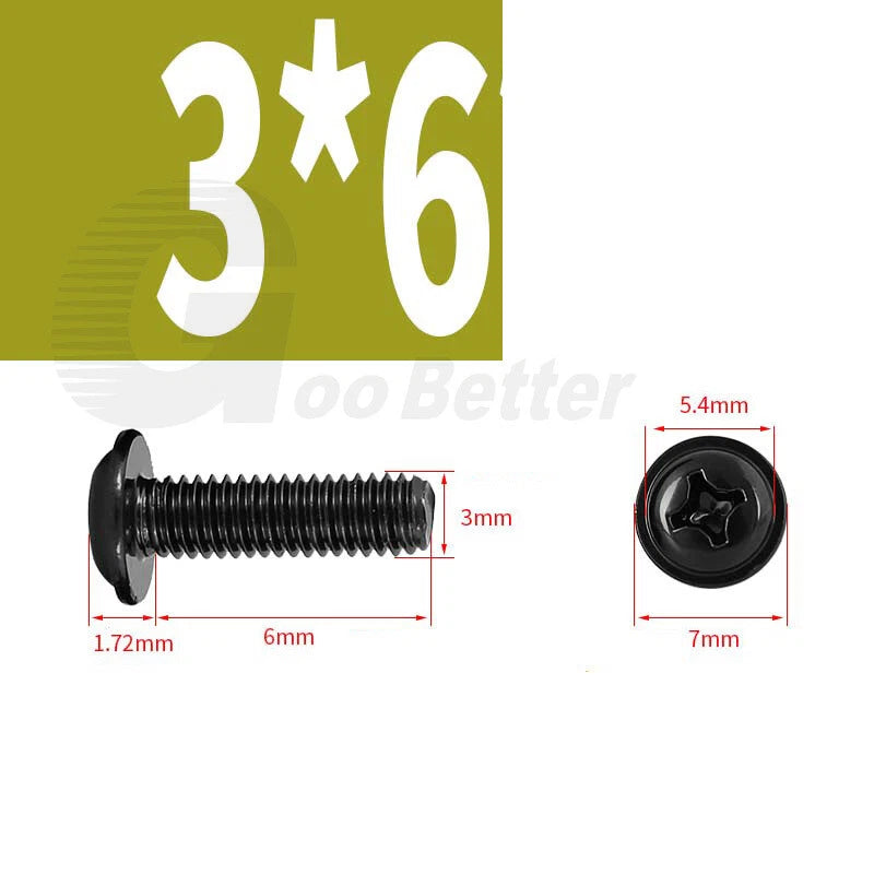 Black Zinc Flange Phillips Pan Head Machine Screws M1.4 M2 M2.5 M3 M4 M5 M6 — Washer-Free Metric Bolts