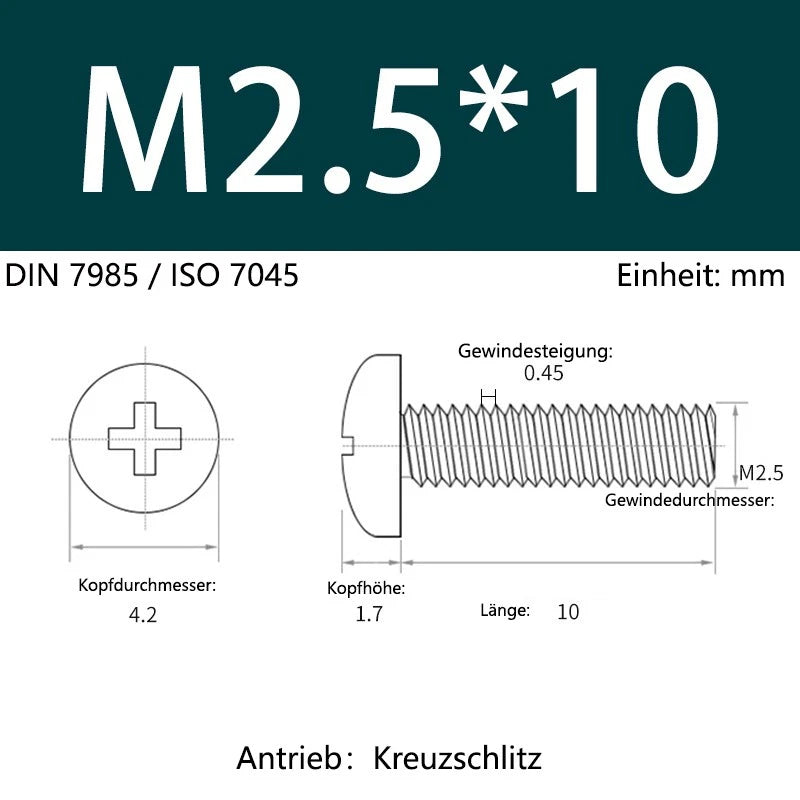 6063 Aluminium Phillips Pan Head Machine Screws DIN 7985 — M1.7 to M6 Metric