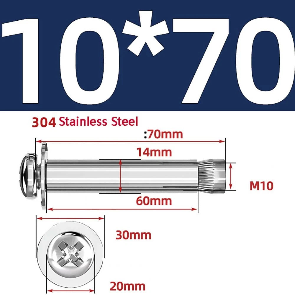 M6 M8 M10 Stainless Steel Expansion Screws — Round Head Phillips Drive, 40–100mm