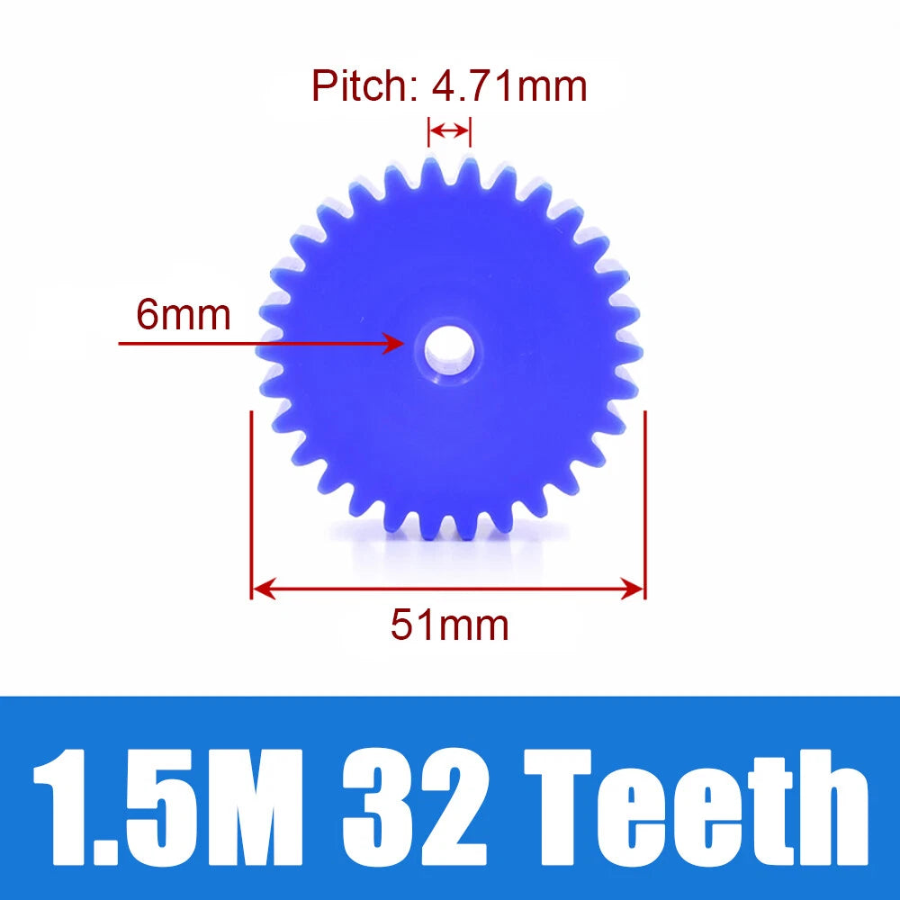1.5 Modulus Blue Nylon Spur Gear, Flat Gears 12 to 100 Teeth, 6mm/8mm/10mm Bore