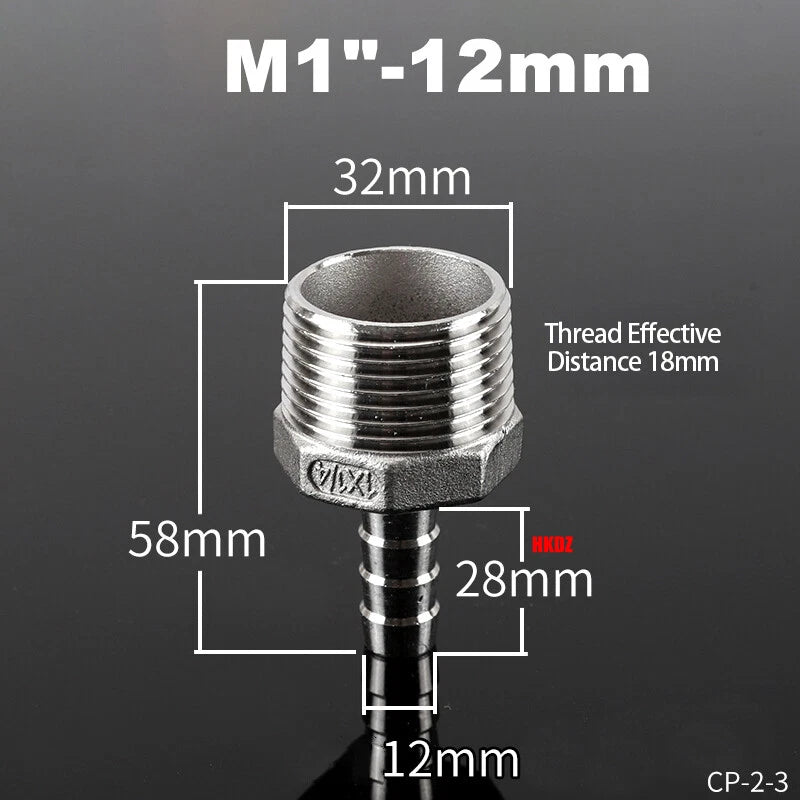 BSP Male Thread Barb Hose Tail Connector 304 Stainless Steel — 1" to 3"
