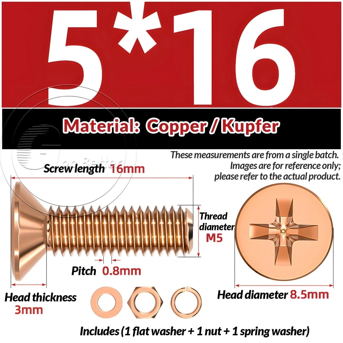 T2 Copper Pozi Countersunk Machine Screws with Flat Washer & Nut | M3–M10 - HomeDIYer