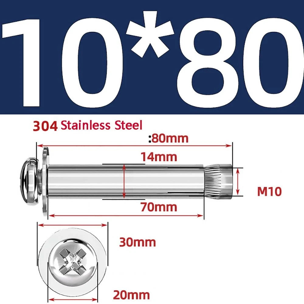 M6 M8 M10 Stainless Steel Expansion Screws — Round Head Phillips Drive, 40–100mm